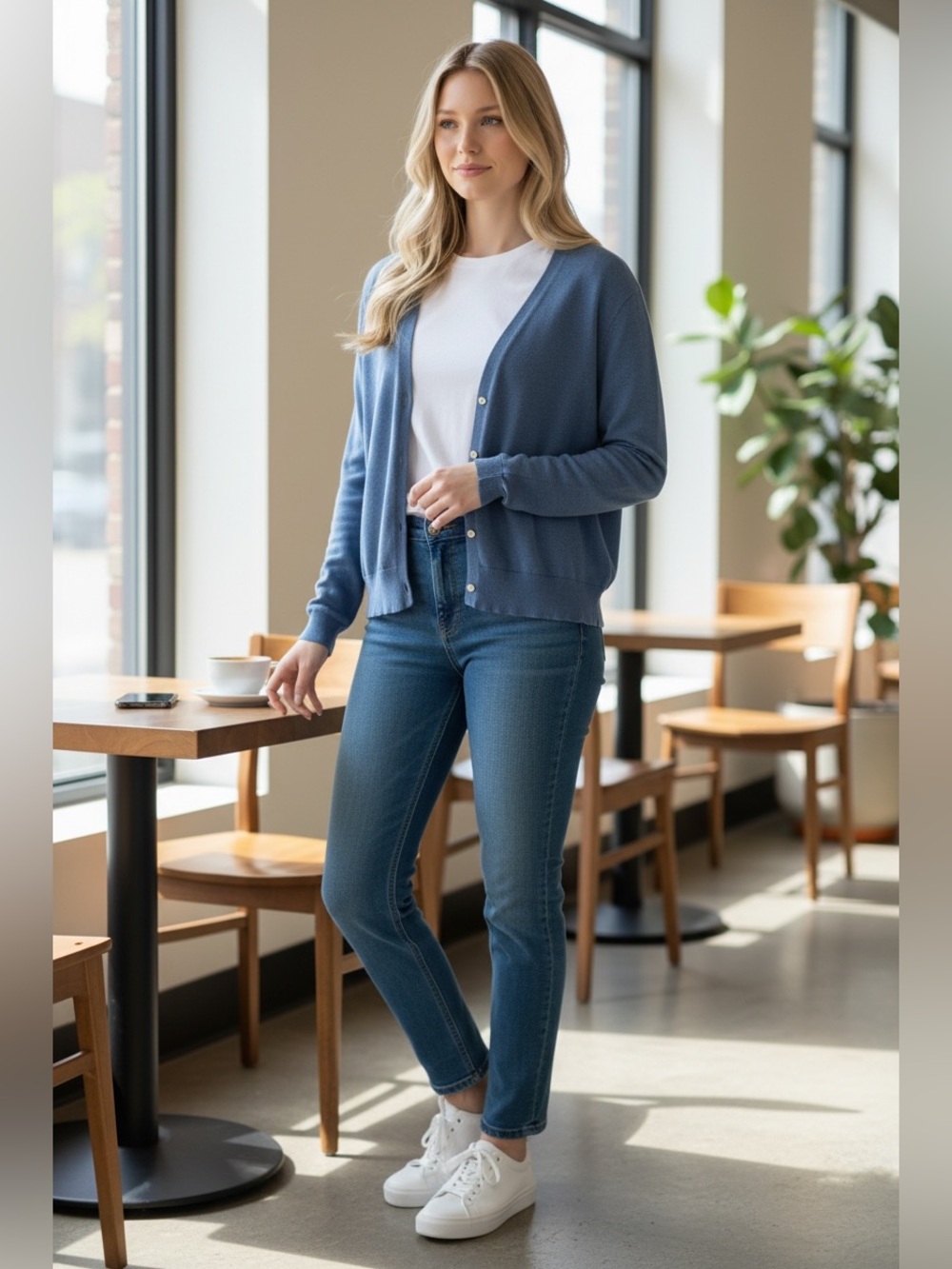 Chaps Blue Button-Front Cotton Blend Women's Cardigan Large
